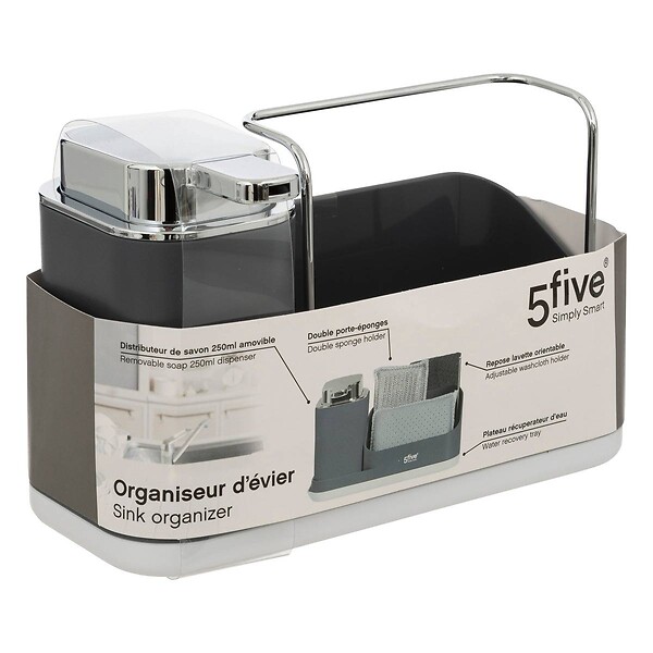 5 FIVE SIMPLY SMART - Organiseur évier avec distributeur 300ml "Néo" gris - large