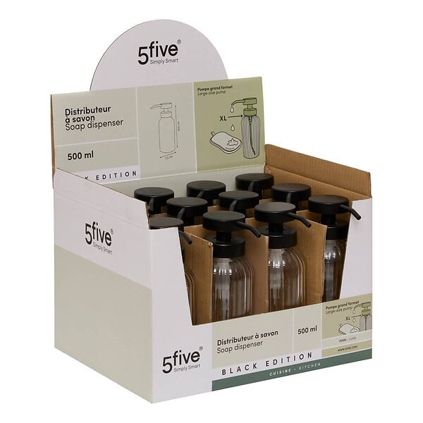 5 FIVE SIMPLY SMART - Distributeur de savon Black edition en verre transparent 500ml - large
