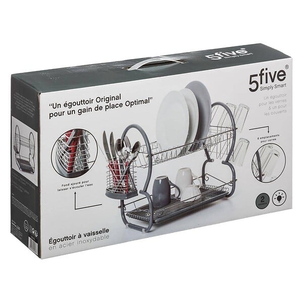 5 FIVE SIMPLY SMART - Égouttoir métal 2 niveaux avec plateau gris - large