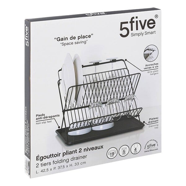 5 FIVE SIMPLY SMART - Égouttoir pliant 2 niveaux avec plateau noir - large