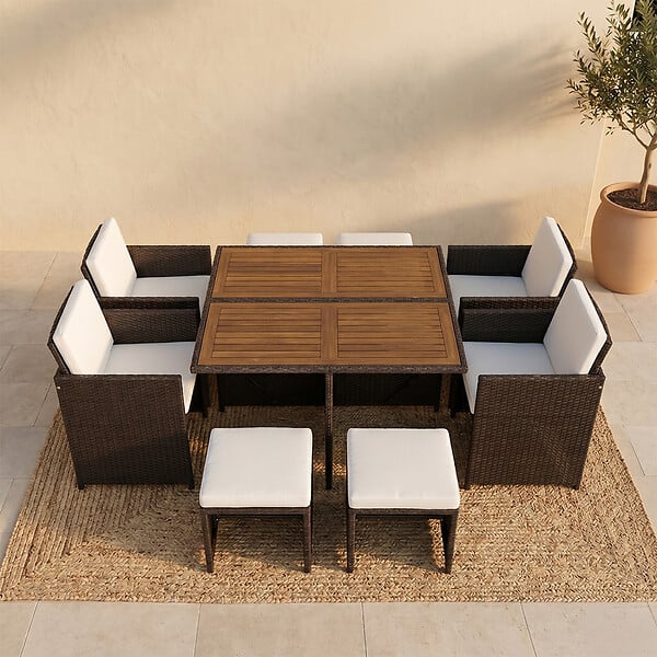 CONCEPT USINE - Salon de jardin 8 pl en résine marron et coussins beige + housse TOLEDO - large