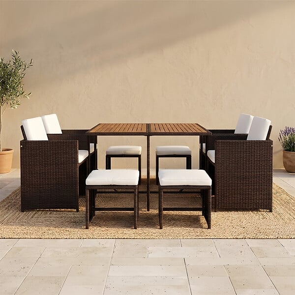 CONCEPT USINE - Salon de jardin 8 pl en résine marron et coussins beige + housse TOLEDO - large