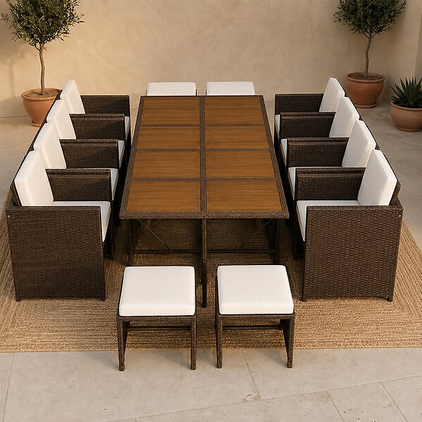 CONCEPT USINE - Salon de jardin 12 pl en résine marron et coussins beige + housse TOLEDO - large