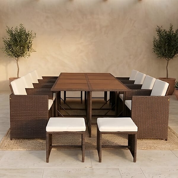 CONCEPT USINE - Salon de jardin 12 pl en résine marron et coussins beige + housse TOLEDO - large
