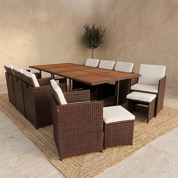 CONCEPT USINE - Salon de jardin 12 pl en résine marron et coussins beige + housse TOLEDO - large