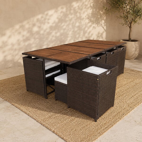 CONCEPT USINE - Salon de jardin 12 pl en résine marron et coussins beige + housse TOLEDO - large