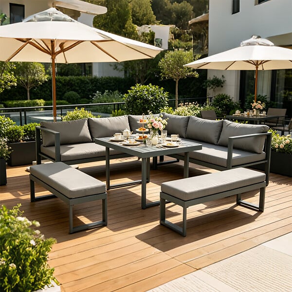 CONCEPT USINE - Salon de jardin gris foncé 7-9 places canapé + 2 bancs MARBELLA $ - large