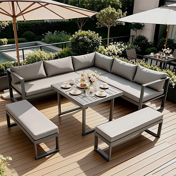 CONCEPT USINE - Salon de jardin gris foncé 7-9 places canapé + 2 bancs MARBELLA $ - large