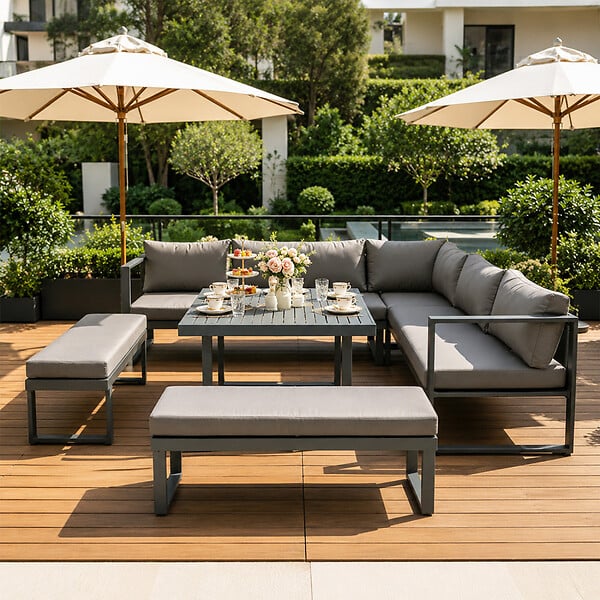 CONCEPT USINE - Salon de jardin gris foncé 7-9 places canapé + 2 bancs MARBELLA $ - large