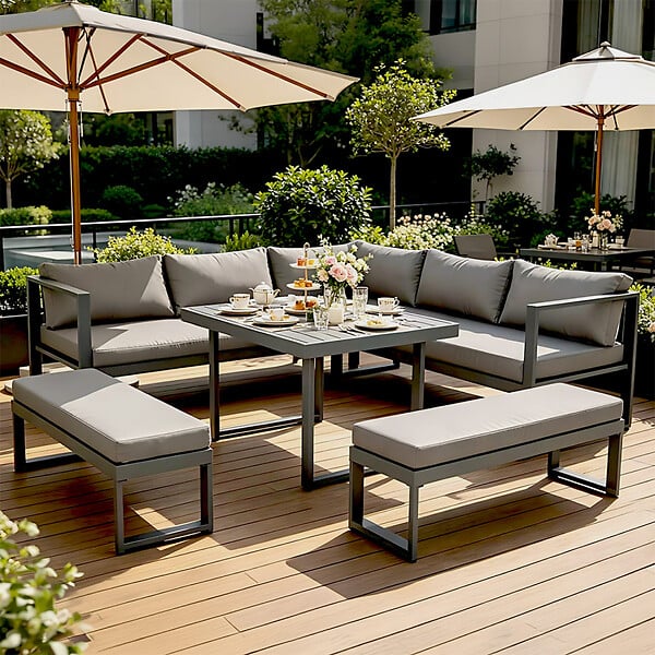 CONCEPT USINE - Salon de jardin gris foncé 7-9 places canapé + 2 bancs MARBELLA $ - large