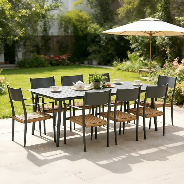 CONCEPT USINE - Ensemble table de jardin 200 cm et 8 fauteuils gris foncé effet rotin CANBERRA - large