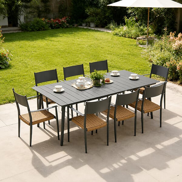 CONCEPT USINE - Ensemble table de jardin 200 cm et 8 fauteuils gris foncé effet rotin CANBERRA - large