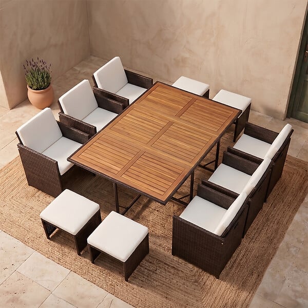 CONCEPT USINE - Salon de jardin 10 pl en résine marron et coussins beige + housse TOLEDO - large