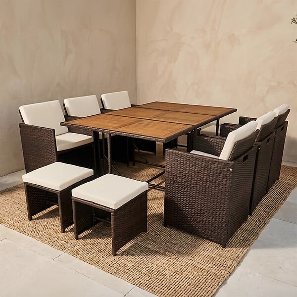 CONCEPT USINE - Salon de jardin 10 pl en résine marron et coussins beige + housse TOLEDO - large