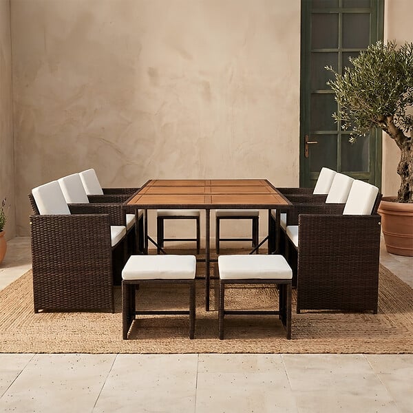 CONCEPT USINE - Salon de jardin 10 pl en résine marron et coussins beige + housse TOLEDO - large