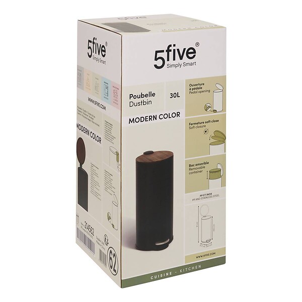 5 FIVE SIMPLY SMART - Poubelle Modern Color avec Pedale 30L Noir et Acacia 29,2x37,7x59,5 cm - large