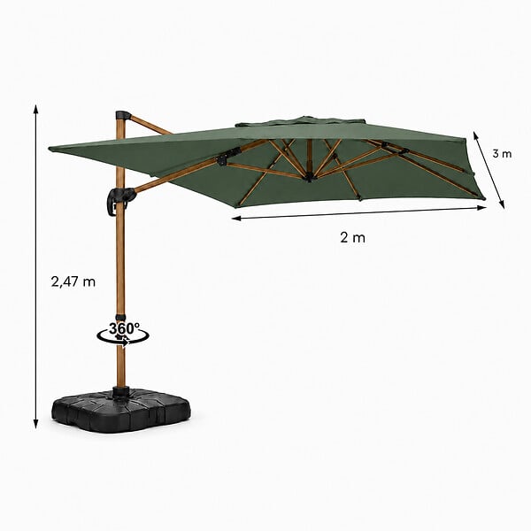 CONCEPT USINE - Parasol rectangulaire 2x3m déporté rotatif vert structure effet bois PIANA - large