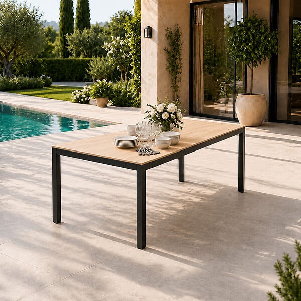 CONCEPT USINE - Table de jardin 190cm 8 personnes avec plateau en verre trempé effet bois BRISBANE - large