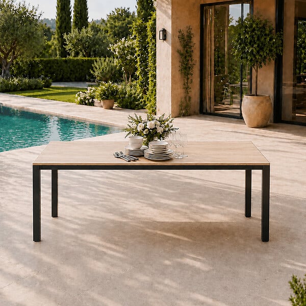 CONCEPT USINE - Table de jardin 190cm 8 personnes avec plateau en verre trempé effet bois BRISBANE - large