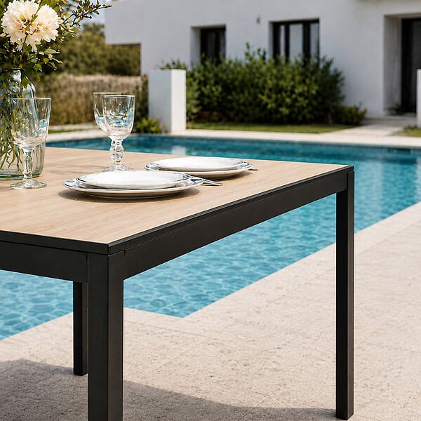 CONCEPT USINE - Table de jardin 240cm 10 personnes avec plateau en verre trempé effet bois BRISBANE - large