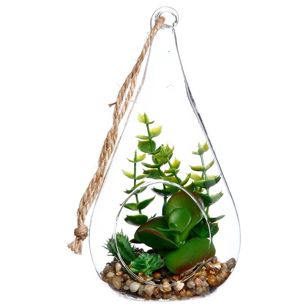 ATMOSPHERA - Plante artificielle suspendue - pot goutte en verre - H19 - 5 cm - Blanc - large