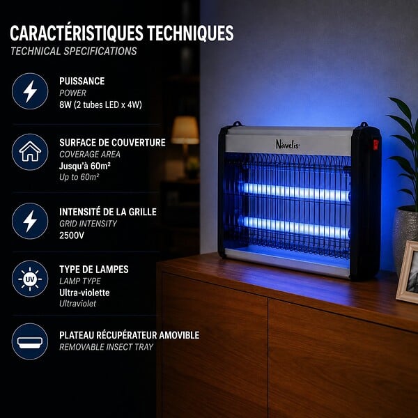 INTEC - Lampe Anti Moustique Intérieur Extérieur 2500V Technologie LED 8W Surface 60m² Elimine Mouches Moucherons & Insectes volants - large