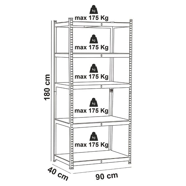 INTEC - Etagère de Rangement 5 niveaux Bois MDF réglables 90x40xH180cm Rayonnage métal Charge 875kg - Garage Atelier Cellier INTEC - large