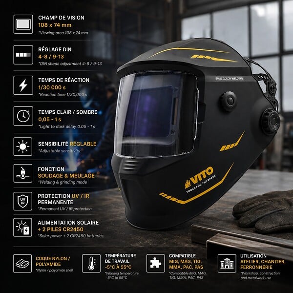 VITO - Masque de soudure Electronique True Color Din 4-13 Cagoule de soudage MIG MAG TIG MMA Auto-obscurcissement VITO - large