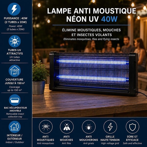 INTEC - Lampe Anti Moustique 40W Néon UV Intérieur/Extérieur Piège à Insectes 150m² Grille Haute Tension Anti Mouches Insectes volants - large