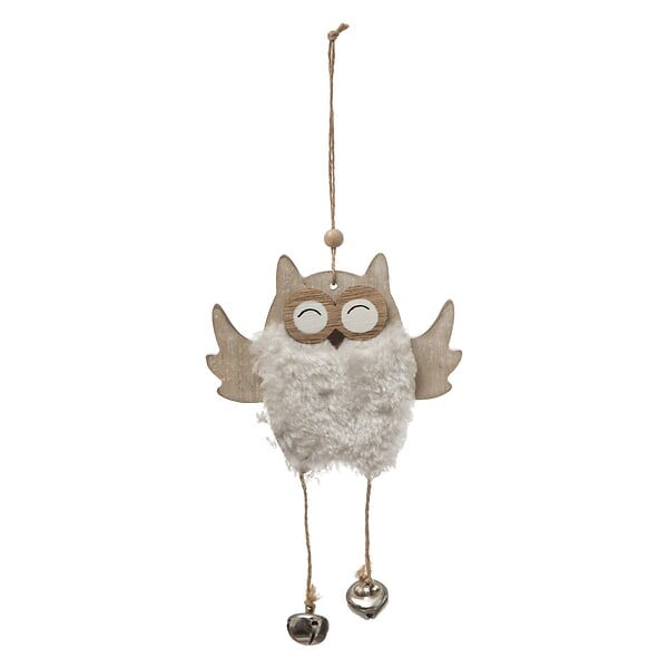 FEERIC LIGHTS & CHRISTMAS - Suspension de noël bois hibou fourrure grelot - large