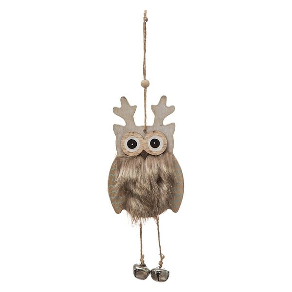 FEERIC LIGHTS & CHRISTMAS - Suspension de noël bois hibou fourrure grelot - large
