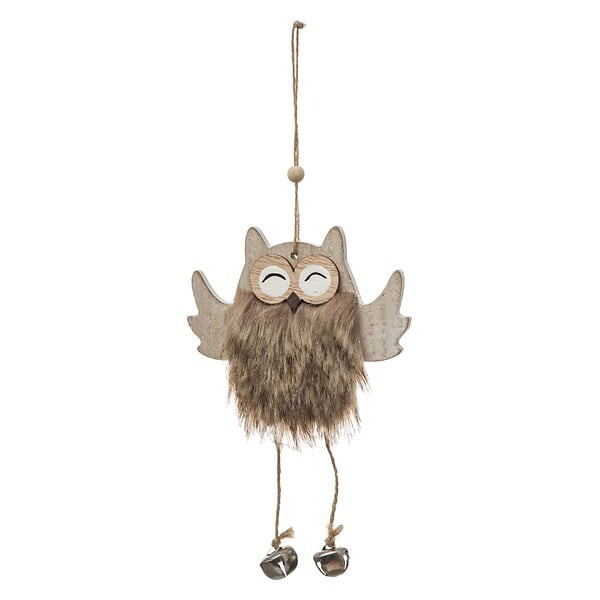 FEERIC LIGHTS & CHRISTMAS - Suspension de noël bois hibou fourrure grelot - large