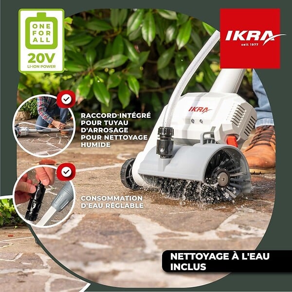 IKRA - Nettoyeur de Terrasse sans fil Batterie 20V 2.0Ah Double brosses rotatives + Batterie & Chargeur Raccord tuyau d'eau IKRA - large