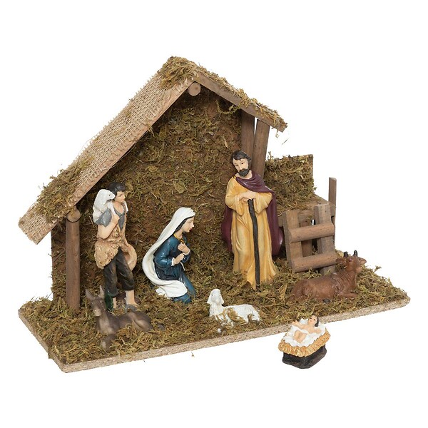 FEERIC LIGHTS & CHRISTMAS - Crèche de Noël à LED avec 7 santons 30x20cm résine et bois - large