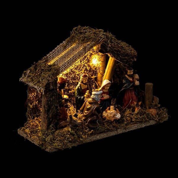 FEERIC LIGHTS & CHRISTMAS - Crèche de Noël à LED avec 7 santons 20x13cm résine et bois - large