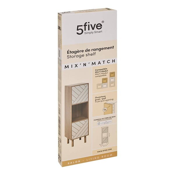 5 FIVE SIMPLY SMART - Etagère 3 cases 2 portes Mix'N'Match bois et motif rayé - large