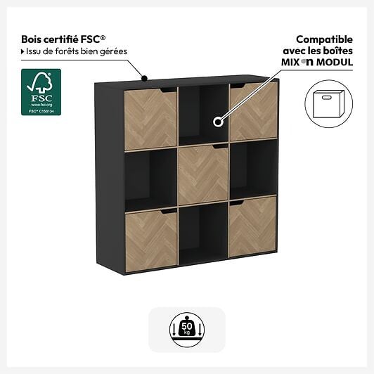 5 FIVE SIMPLY SMART - Étagère "Mix'n'door" 9 cases effet bois et noir 100,5x32cm - large