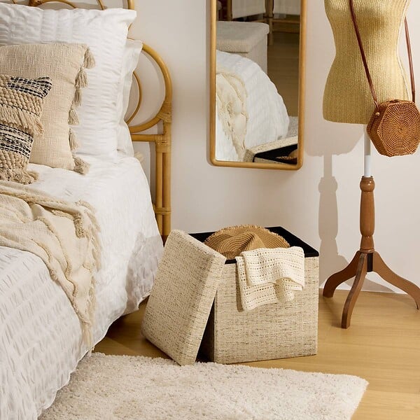 ATMOSPHERA - Pouf Coffre Pliable Olma 38x38cm Creme - large