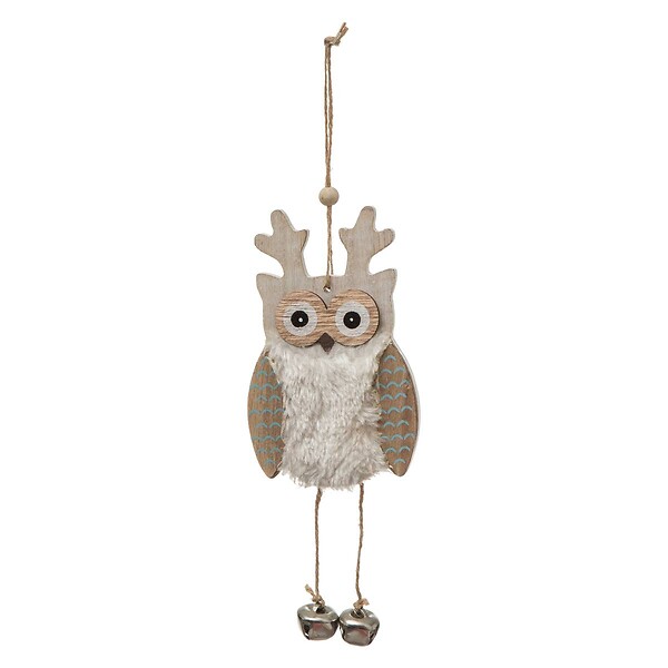 FEERIC LIGHTS & CHRISTMAS - Suspension de noël bois hibou fourrure grelot - large