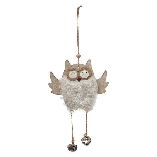 FEERIC LIGHTS & CHRISTMAS - Suspension de noël bois hibou fourrure grelot - large