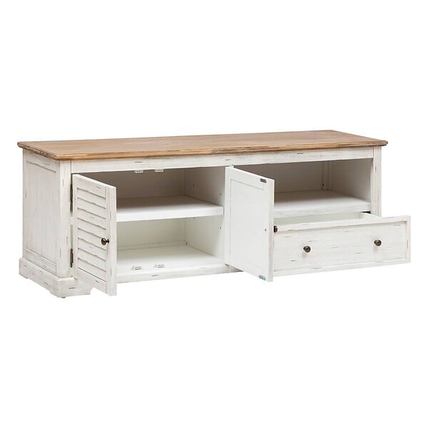 ATMOSPHERA - Meuble TV "Olbia" en métal & acacia 140x40cm blanc - large