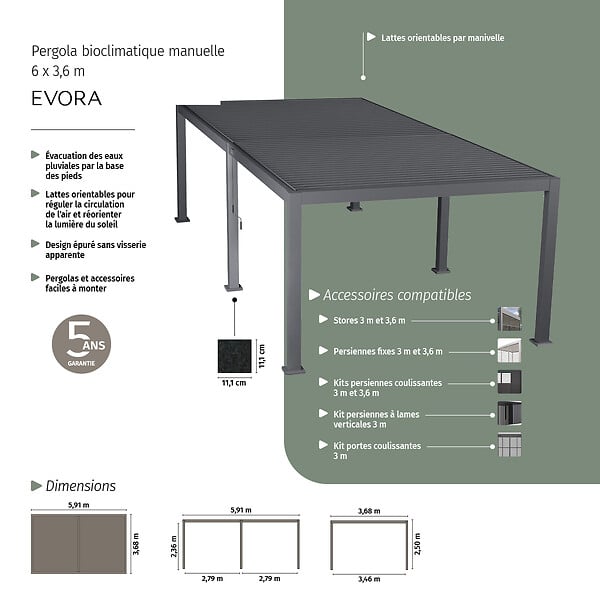 HESPERIDE - Pergola bioclimatique  "Evora" grand modèle 6x3,6m en aluminium traité époxy Graphite - large