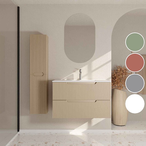 AURLANE - Meuble et colonne de Salle de Bains LEON 80cm Marron Glacé - Façades Ondulées - Vasque Blanche Mate - large