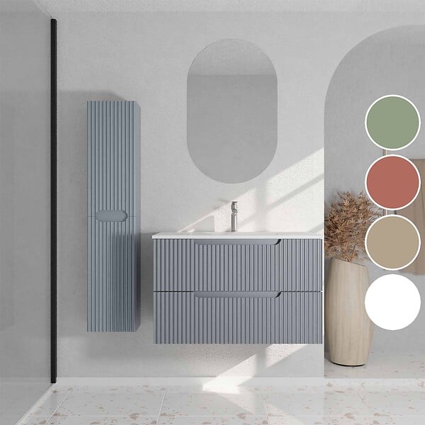 AURLANE - Meuble et colonne de Salle de Bains LEON 80cm Gris Souris - Façades Ondulées - Vasque Blanche Mate - large