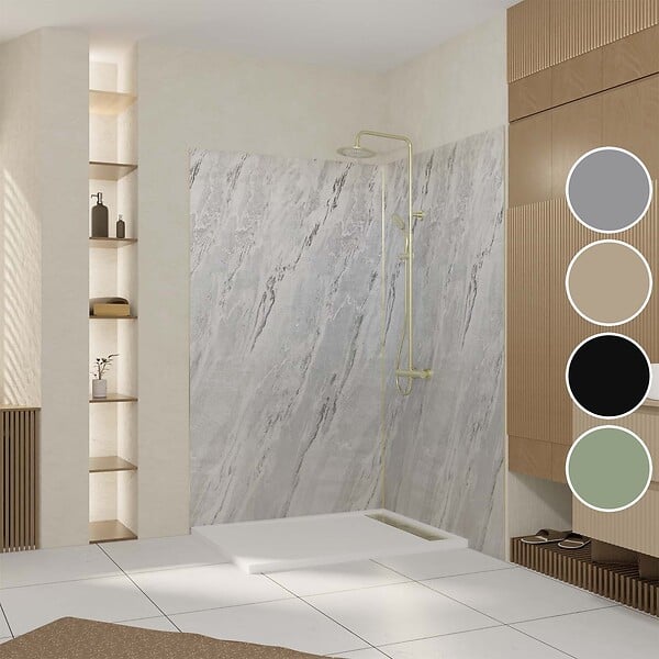 AURLANE - Pack 2 Panneaux Muraux Pierre Artic Storm 120+90x210 cm + Profilés Or Brossé - large