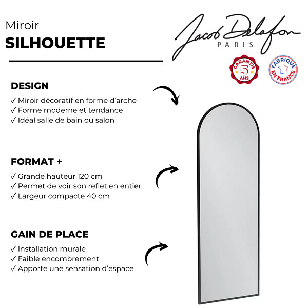 JACOB DELAFON - Miroir de salle de bain grande hauteur Silhouette 120x40cm, laqué Noir satiné - large
