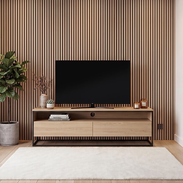 ID MARKET - Panneaux acoustiques en tasseaux de bois 240 x 60 cm effet chêne clair et noir - large