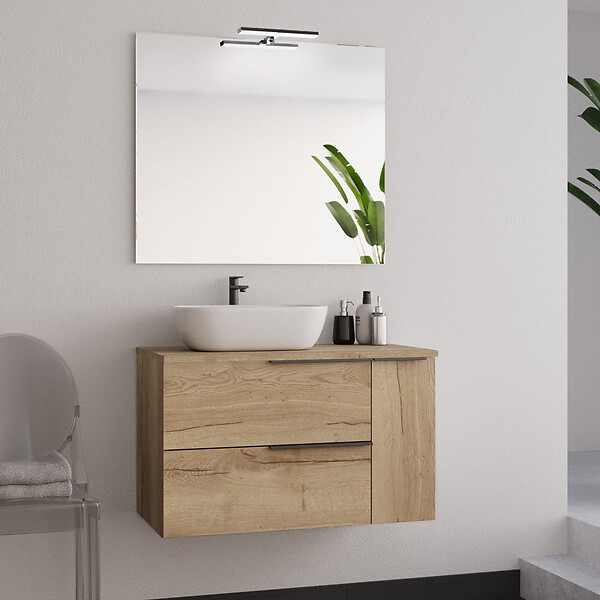 COSYNEO - Meuble de salle de bain 90cm avec vasque à poser arrondie - 2 tiroirs et un placard - sans miroir - roble (chêne clair) - KING - large