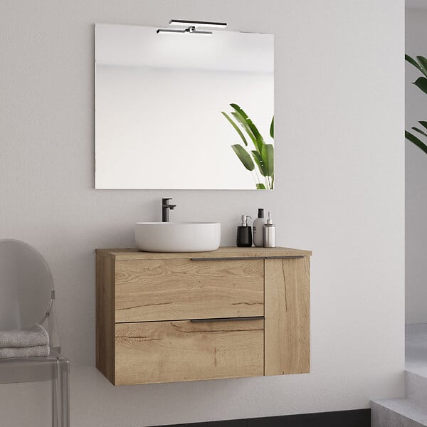 COSYNEO - Meuble de salle de bain 90cm avec vasque à poser ronde - 2 tiroirs et un placard - sans miroir - roble (chêne clair) - KING - large