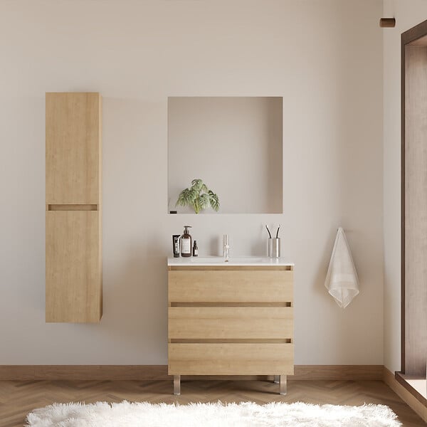 COSYNEO - Meuble de salle de bain 80cm simple vasque - 3 tiroirs - nebraska (bois clair) - MAYOR - large